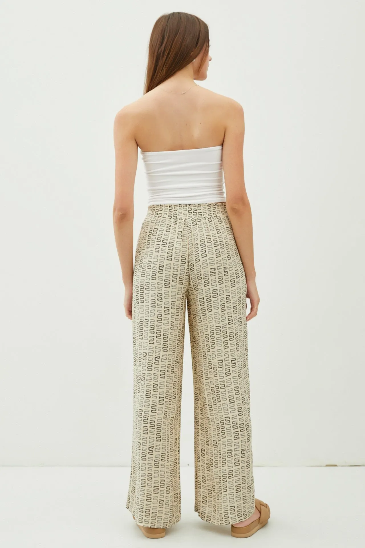 Abstract Smocked Waist Wide Leg Pants - Charcoal