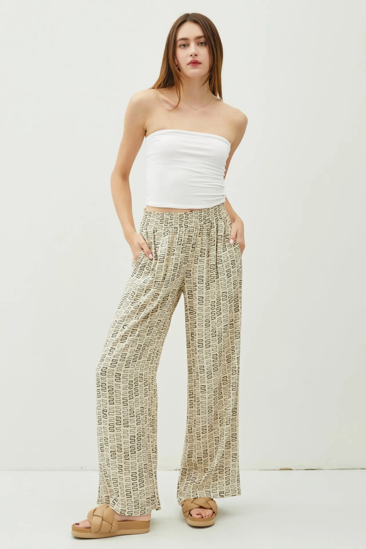 Abstract Smocked Waist Wide Leg Pants - Charcoal