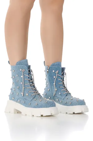 AZALEA WANG GET WHAT SHE LIKE EMBELLISHED BOOTIE IN DENIM