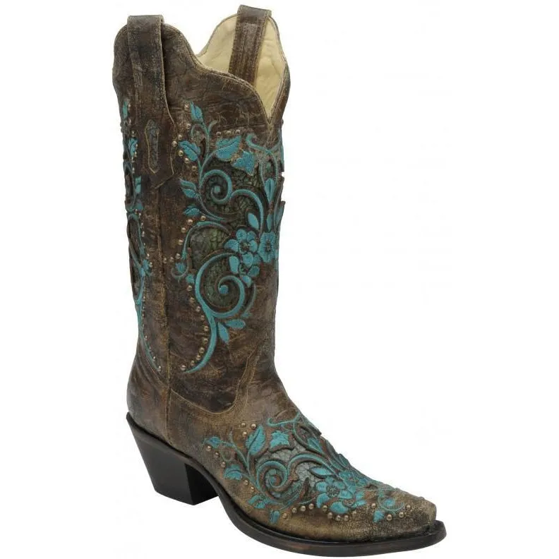 Corral Boots Dark Antique Saddle/ Turquoise Inlay & Studs R1213