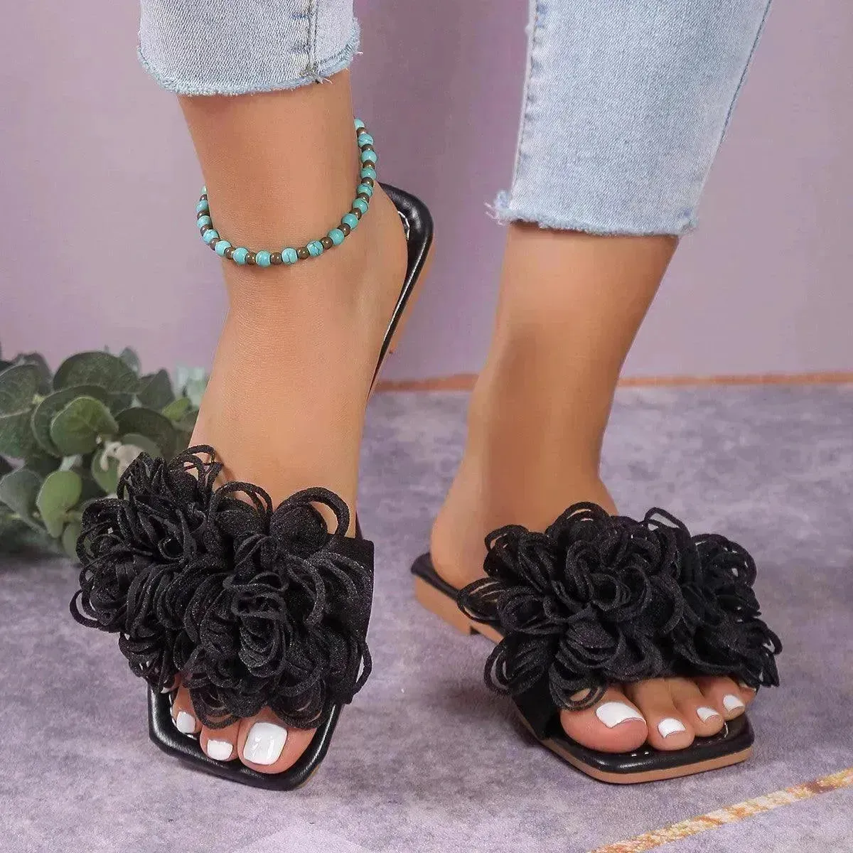 Fashion Flower Flat Slippers For Women