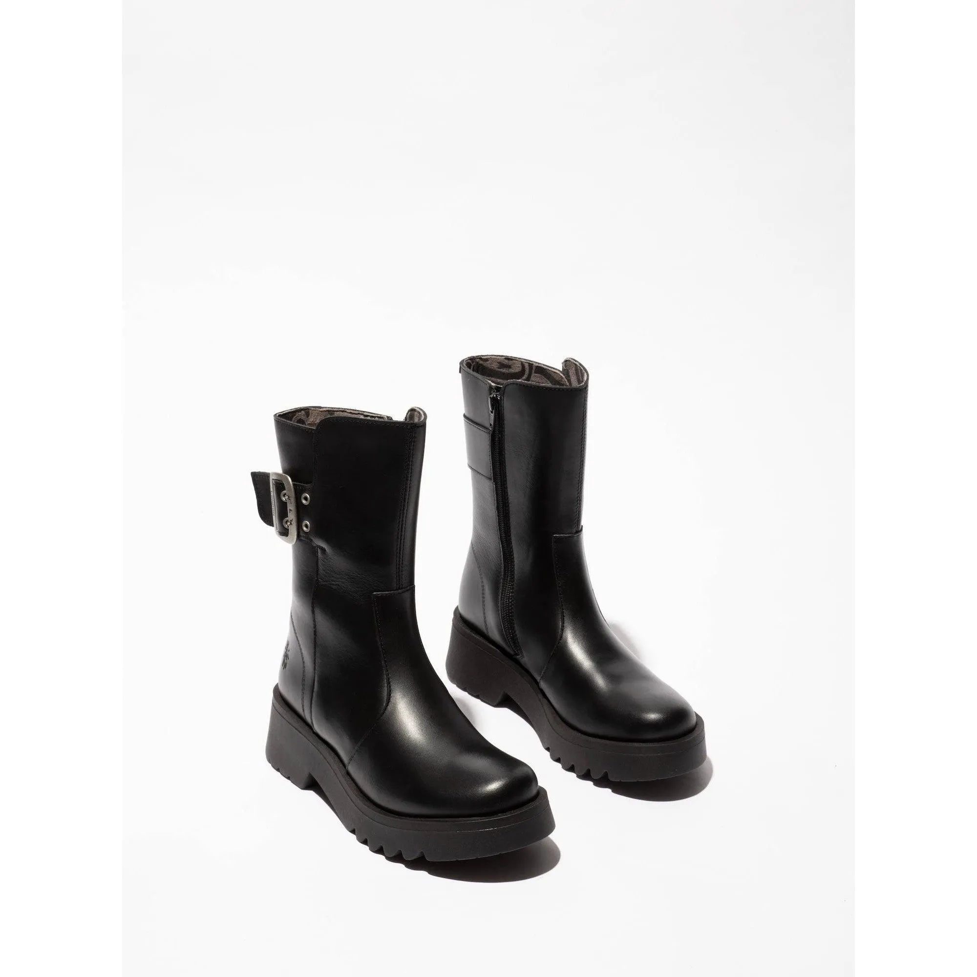 Fly MAZZ127 Rug Ladies Black Leather Side Zip Mid-Calf Boots