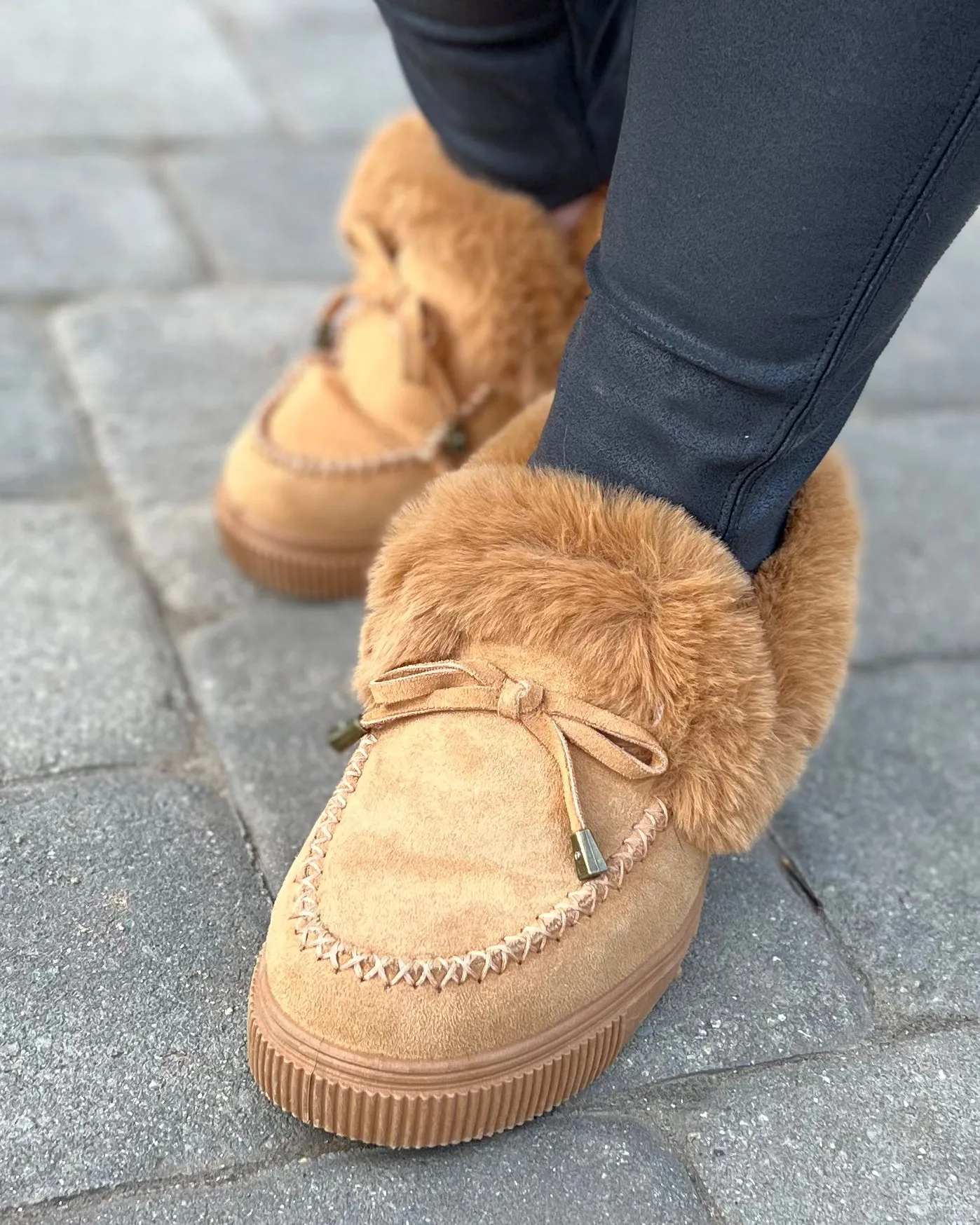 fur lined slip on shoes | tan