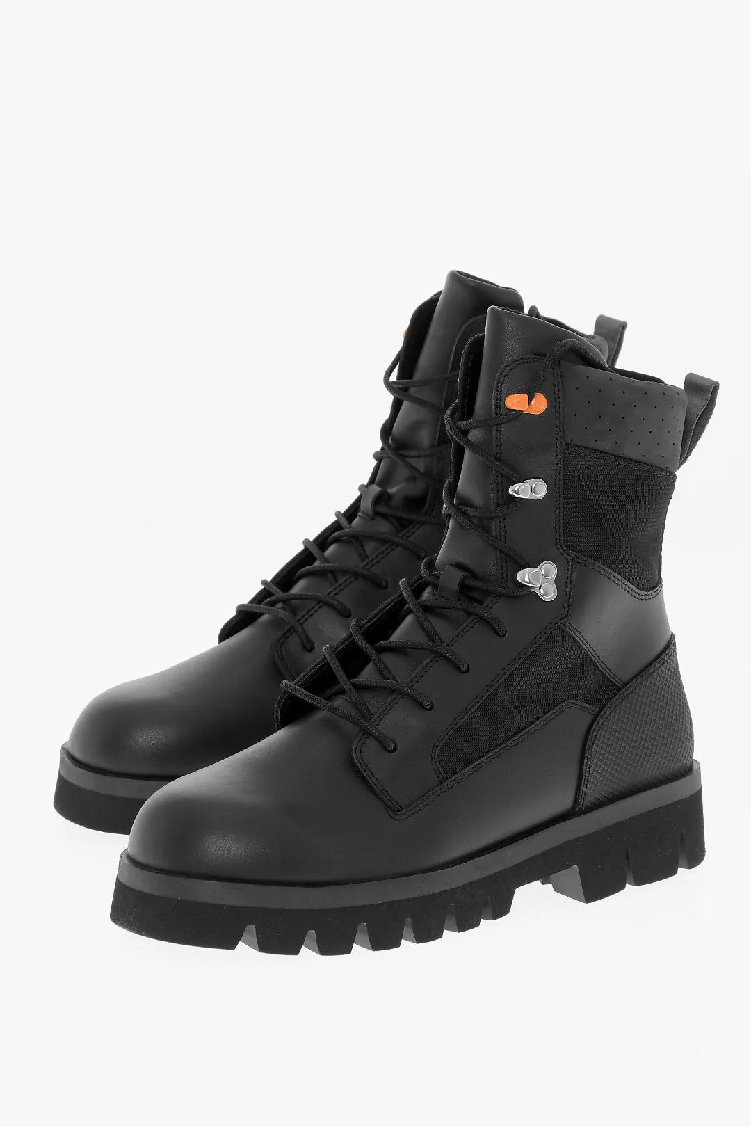 Heron Preston Solid Color Leather and Fabric Combat Boots with Commando So