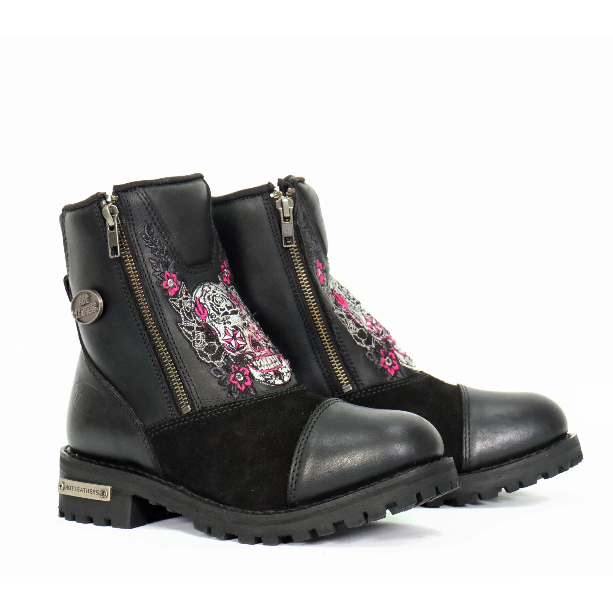 Hot Leathers Ladies Black Double Zip Sugar Skull Cap Toe Leather Boot BTL1009