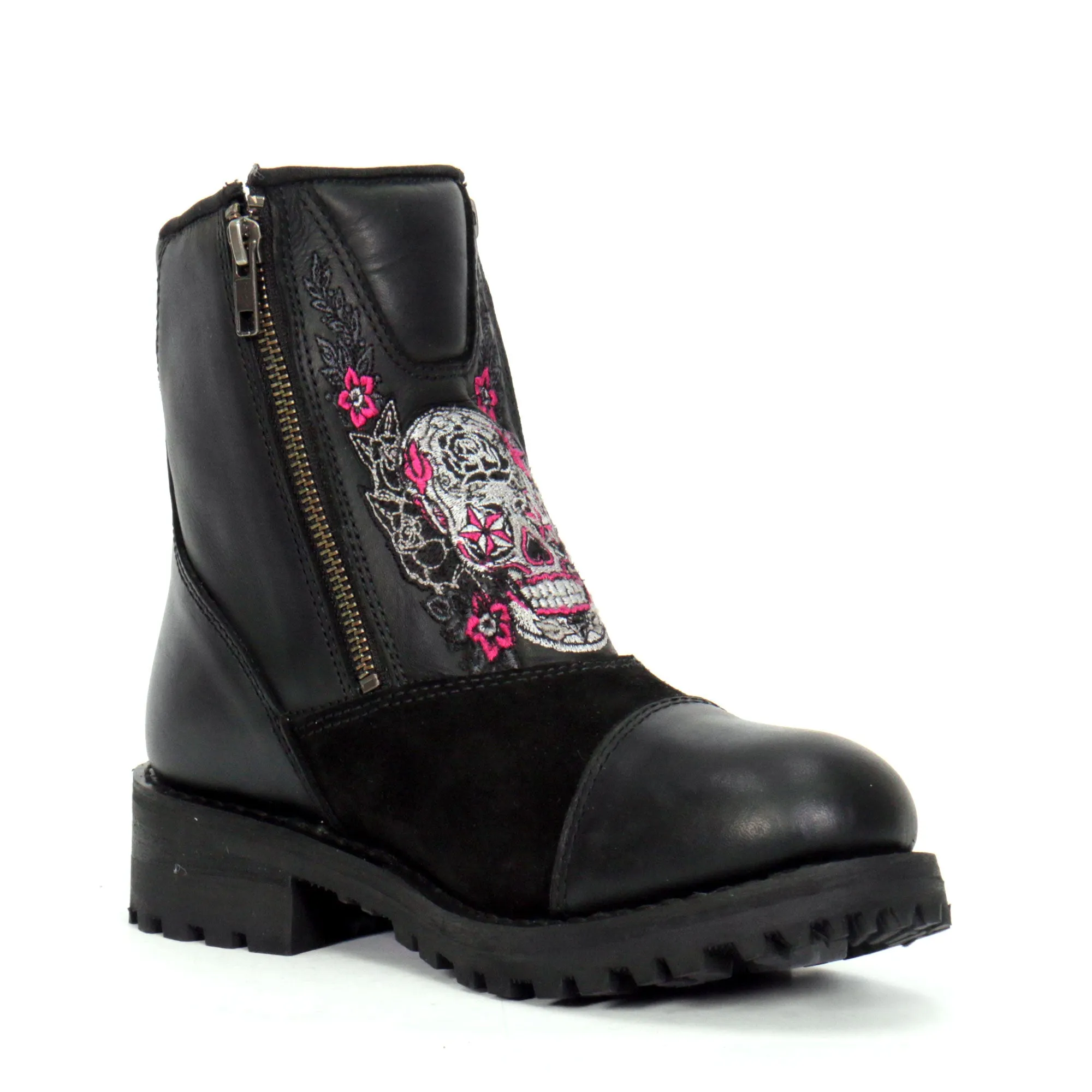 Hot Leathers Ladies Black Double Zip Sugar Skull Cap Toe Leather Boot BTL1009