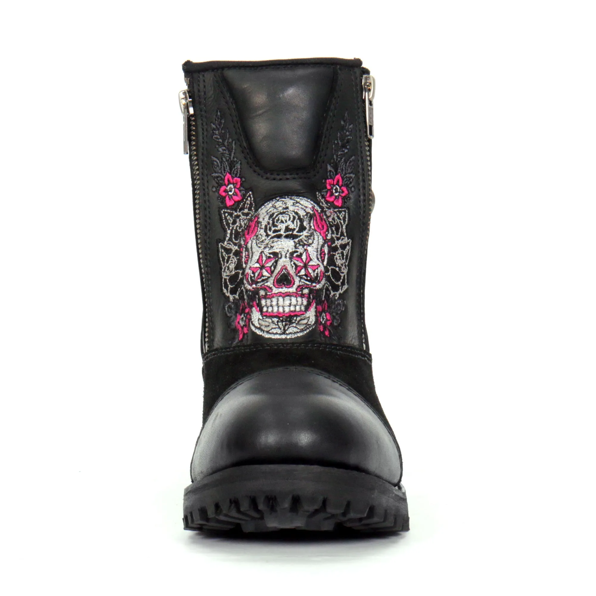 Hot Leathers Ladies Black Double Zip Sugar Skull Cap Toe Leather Boot BTL1009