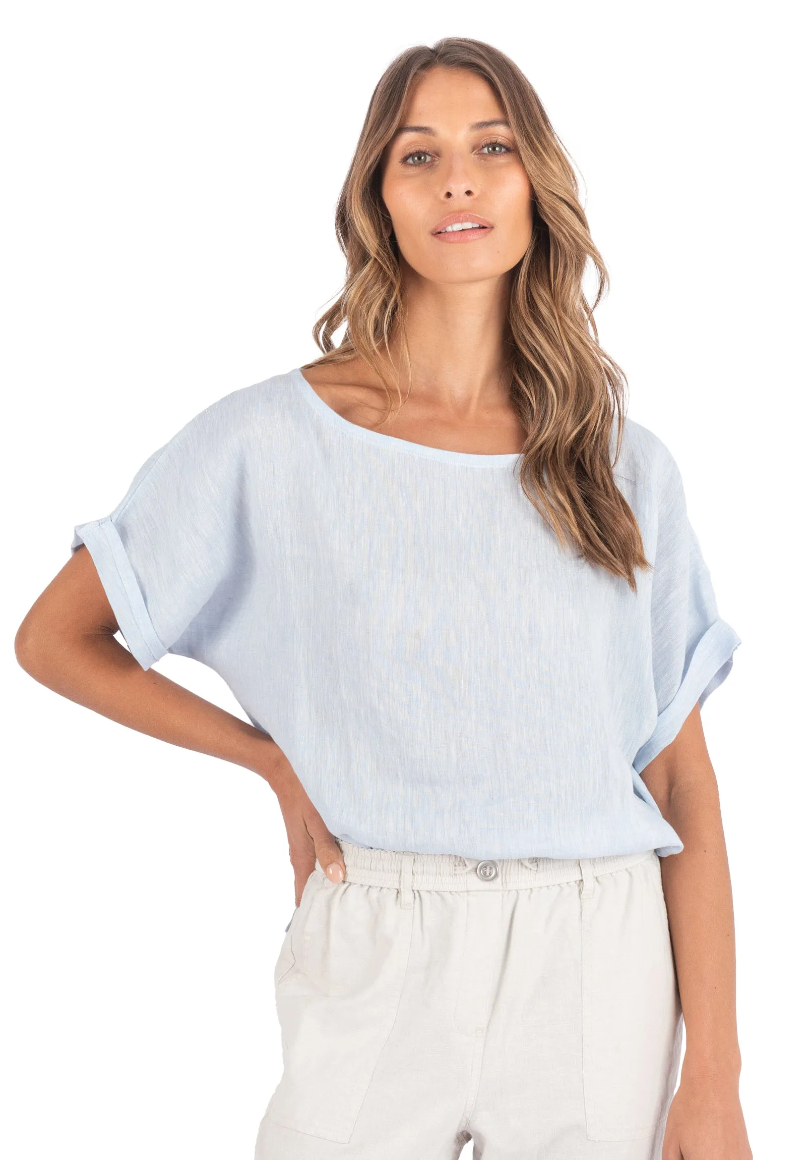 Kaori Sky Kimono Sleeve Linen Top