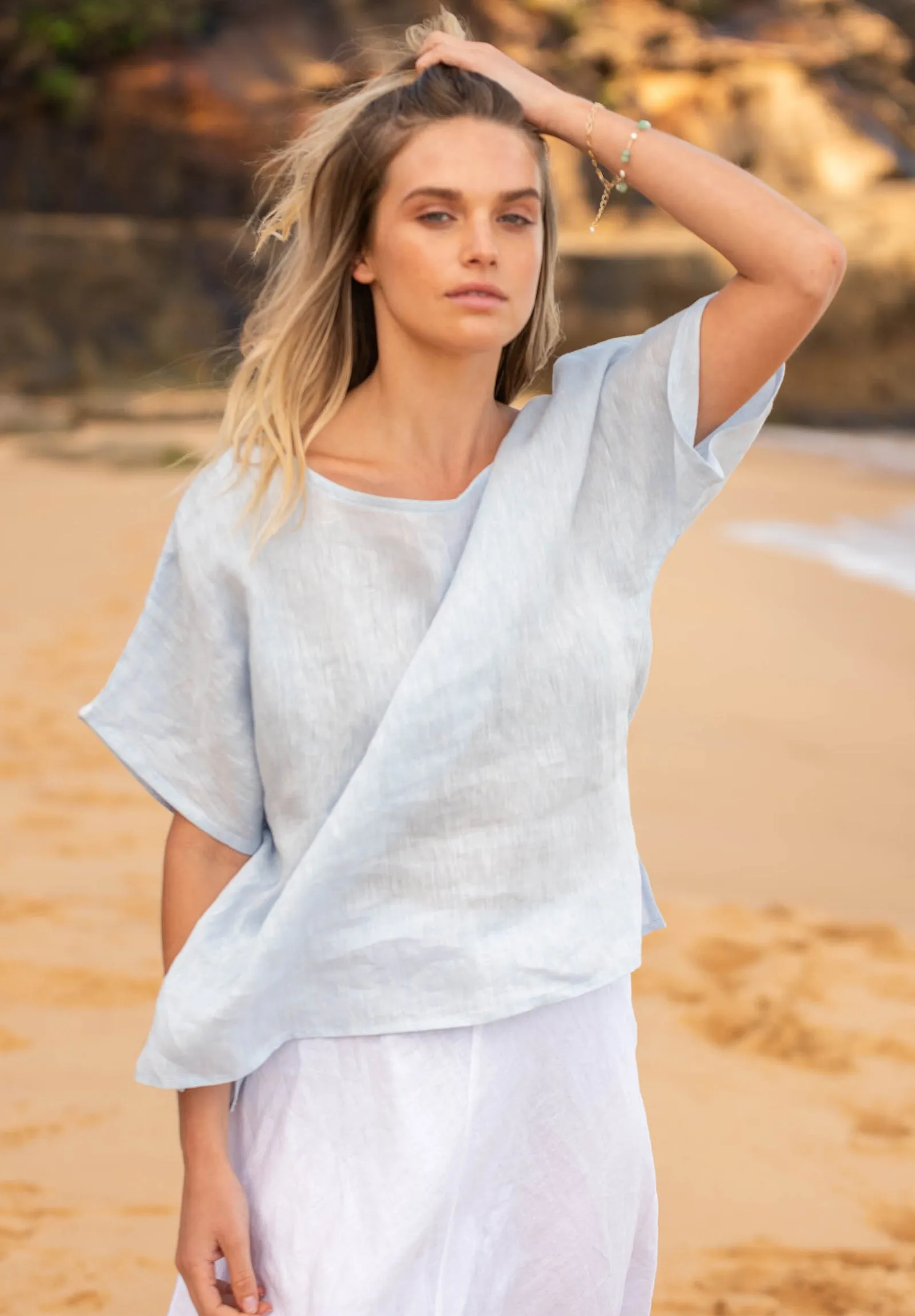 Kaori Sky Kimono Sleeve Linen Top