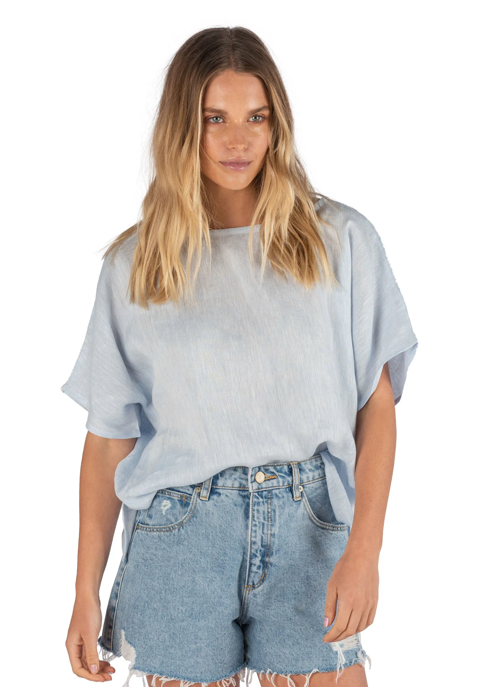 Kaori Sky Kimono Sleeve Linen Top