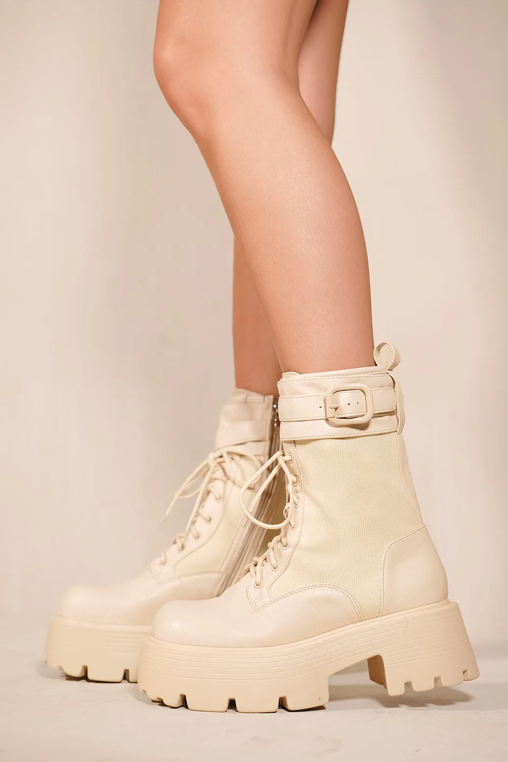 KERRIE CHUNKY ANKLE BOOTS WITH LACE UP & SIDE ZIP IN IVORY CREAM FAUX LEATHER