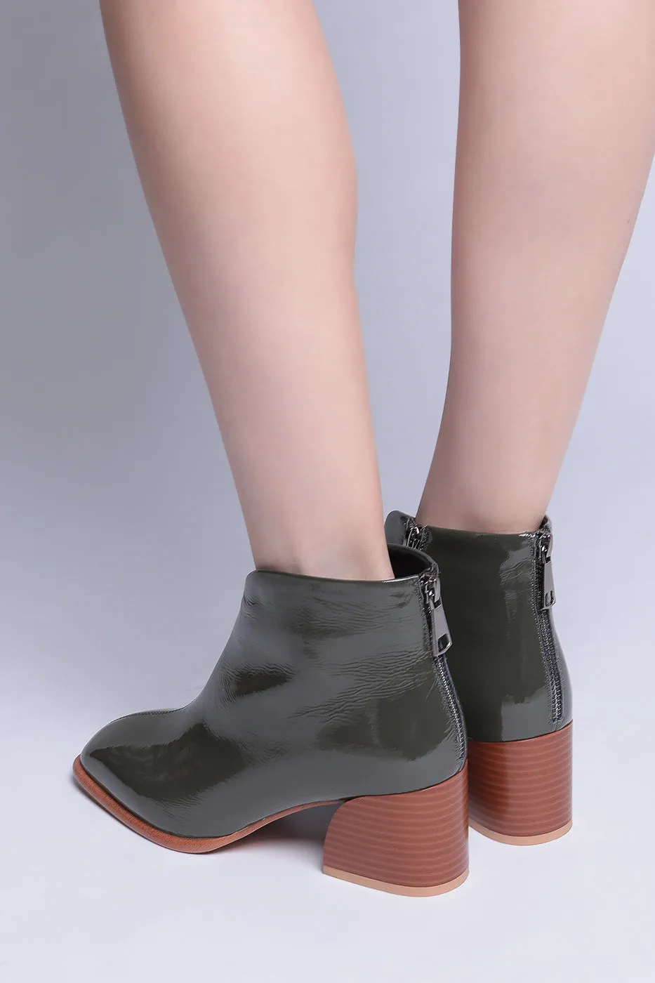 Leather Block Heel Ankle Boots - Green