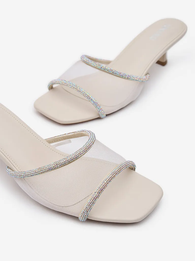 LUNA BLU Ivory Diamante Embellished Kitten Heel Sandals