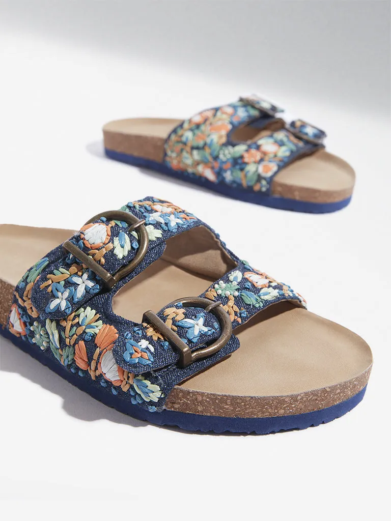 LUNA BLU Navy Floral Embroidered Dual Band Sandals