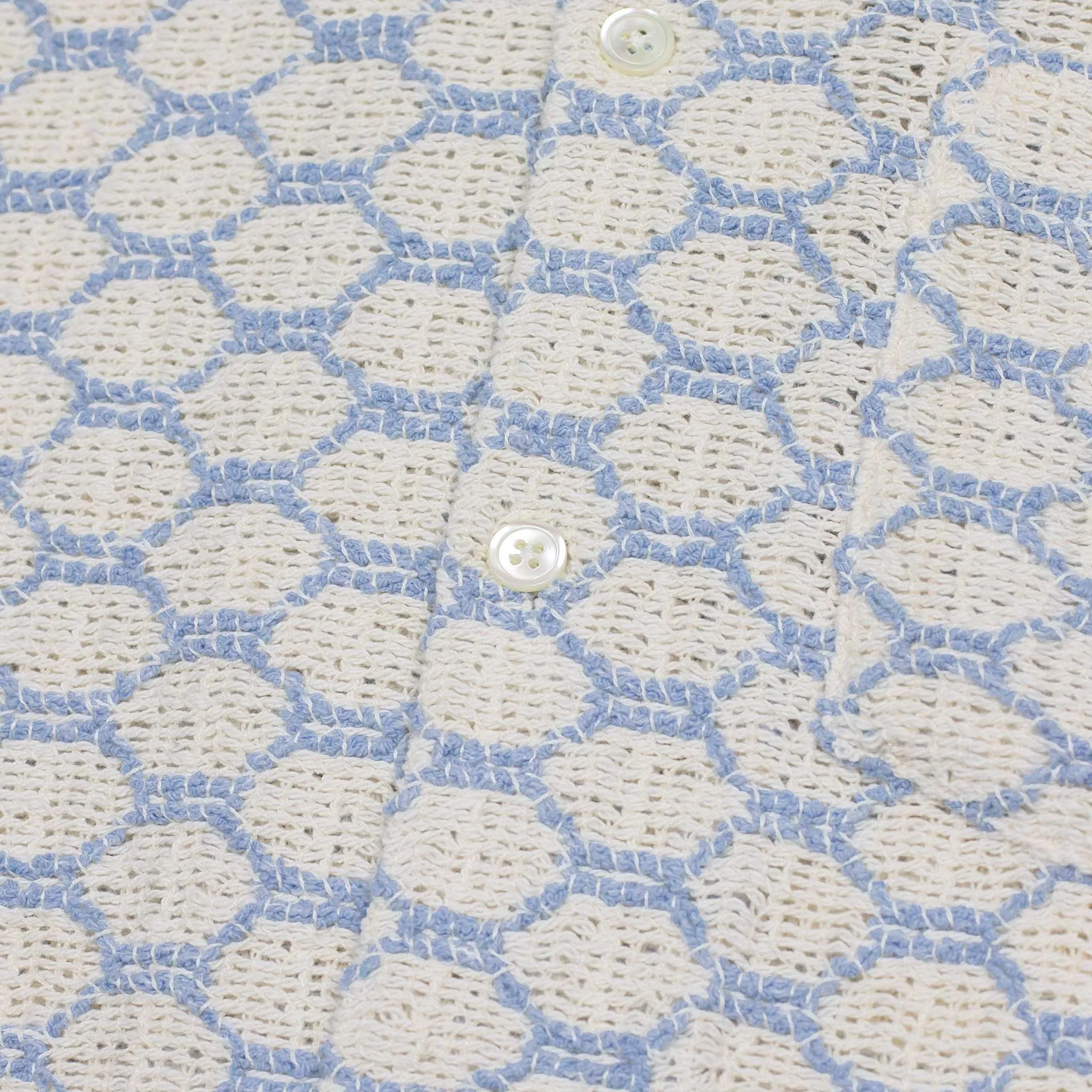 Net camp collar shirt in white and powder blue openweave cotton mix