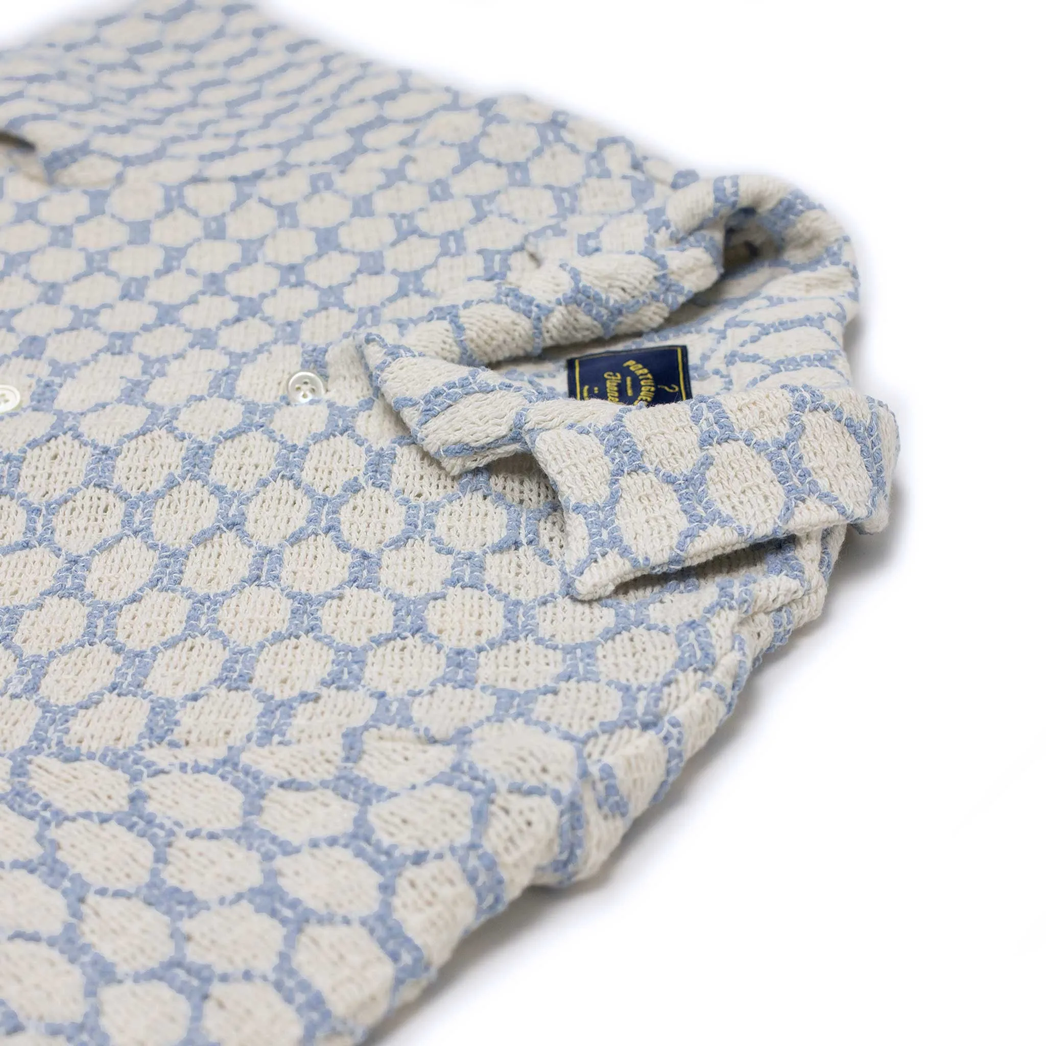 Net camp collar shirt in white and powder blue openweave cotton mix