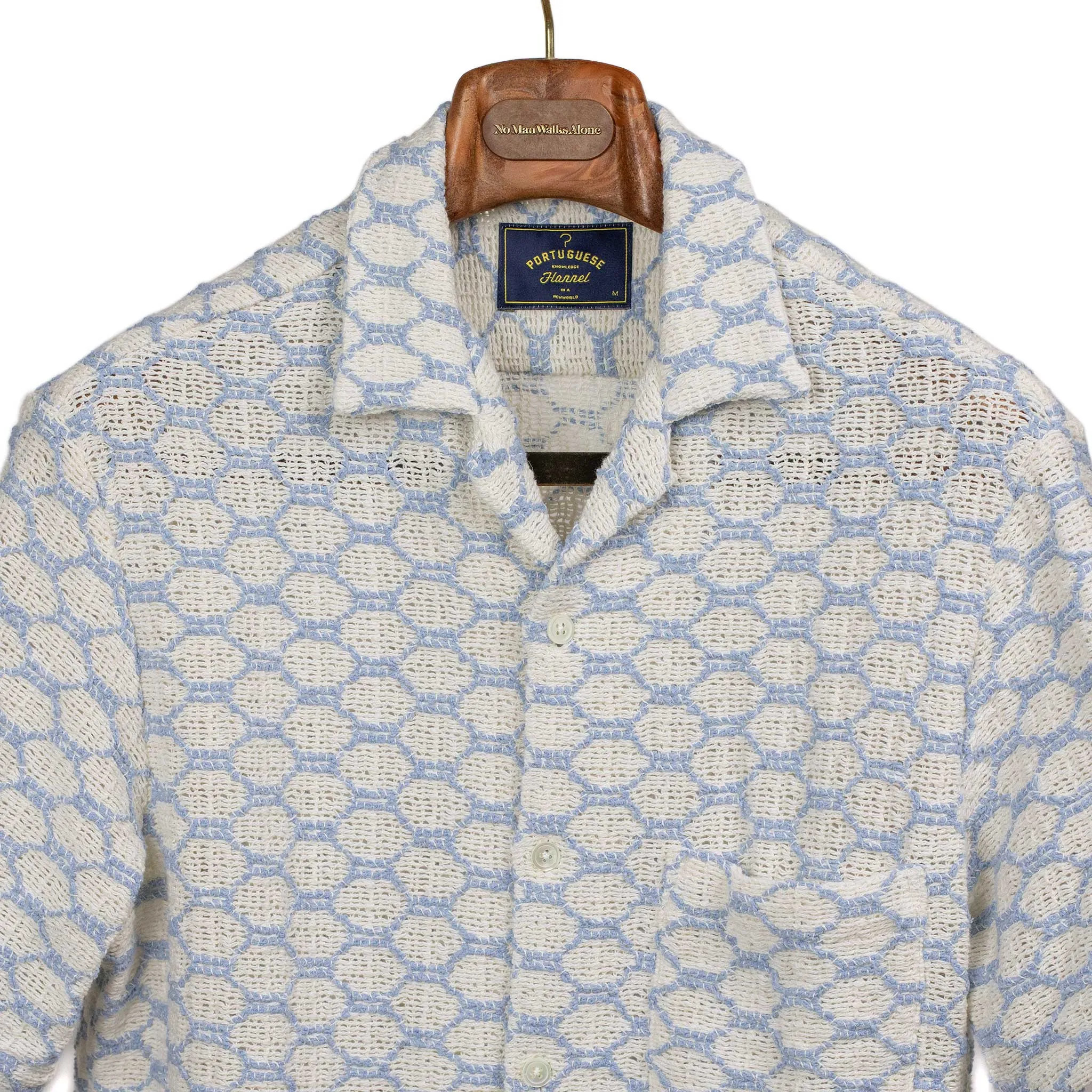 Net camp collar shirt in white and powder blue openweave cotton mix