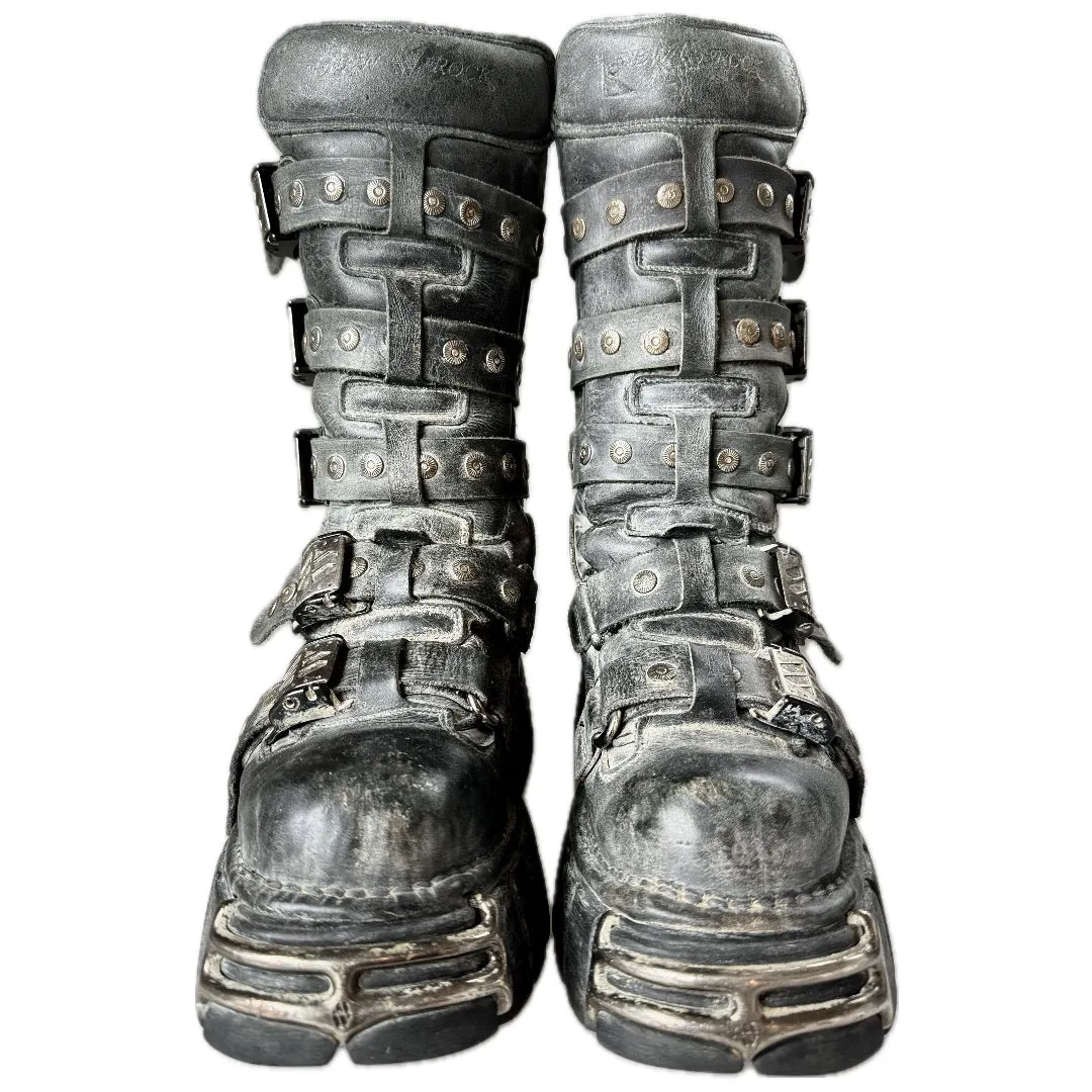 NEW ROCK Vintage Platform Buckle Black Biker Motorcycle Boots