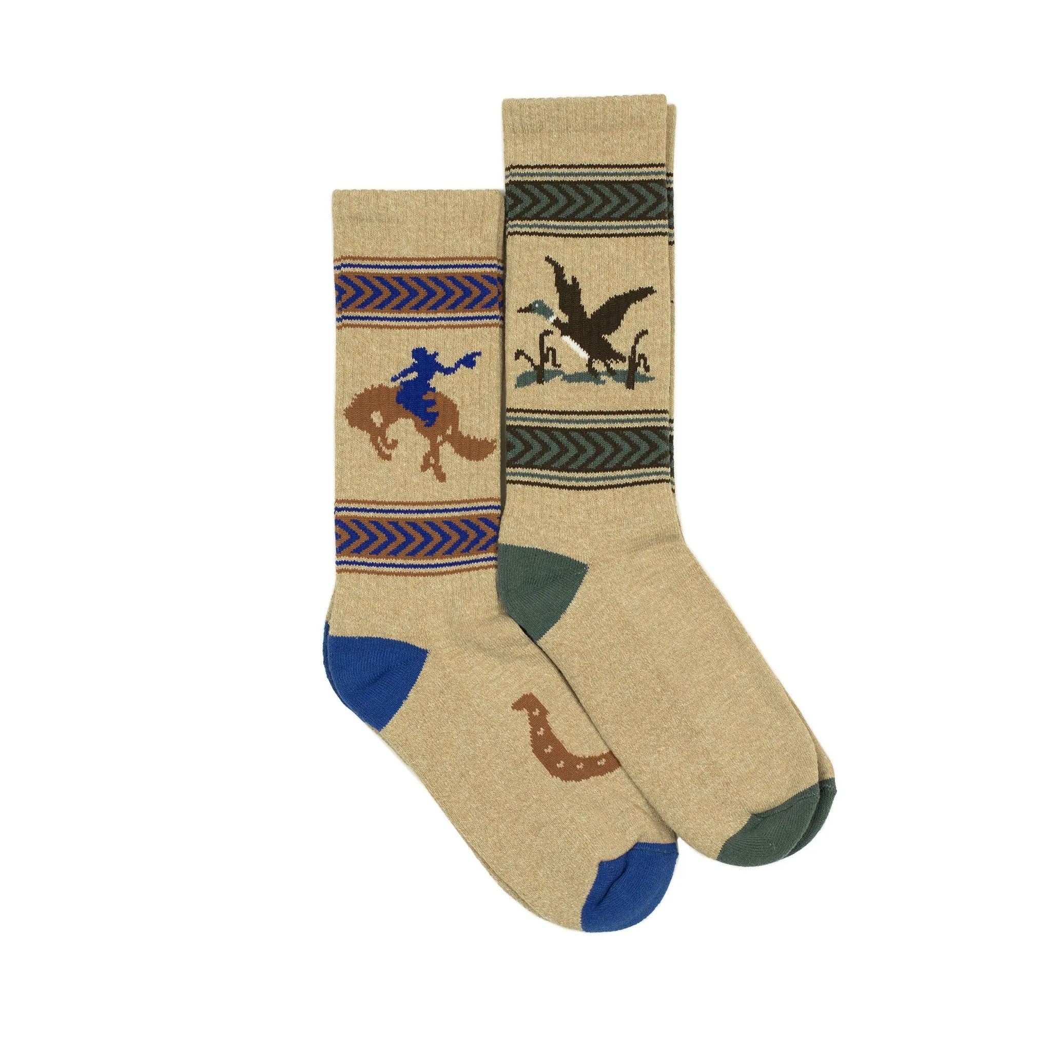 Recycled cotton jacquard socks two-pack: bucking bronco and flying mallard (restock)