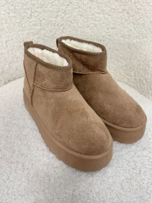 Rowan Faux Fur Lined Suede Platform Ankle Boots in Camel