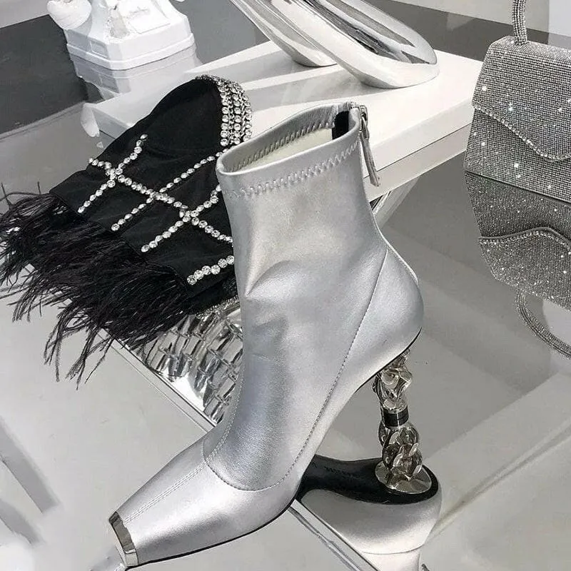 Silver Versatile Womens Boots with Unique Metal Heel and Square Toe