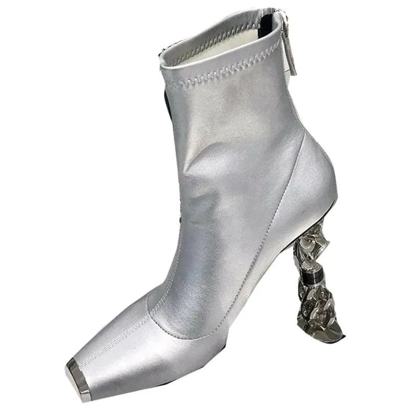 Silver Versatile Womens Boots with Unique Metal Heel and Square Toe