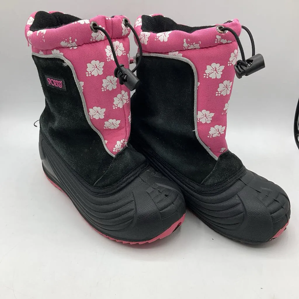 Size 1Y: Sporto Black/Pink Hibiscus Flower Insulated Leather Snow Boots