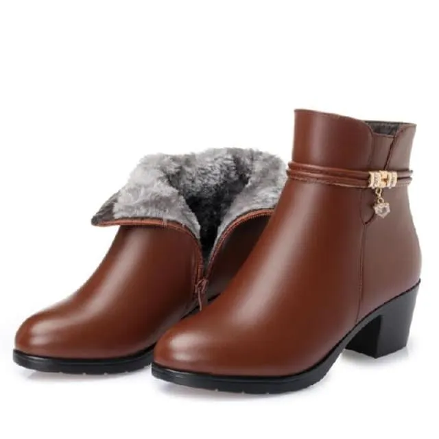 Soft Leather Warm Fur High Heels Zipper Winter Boots