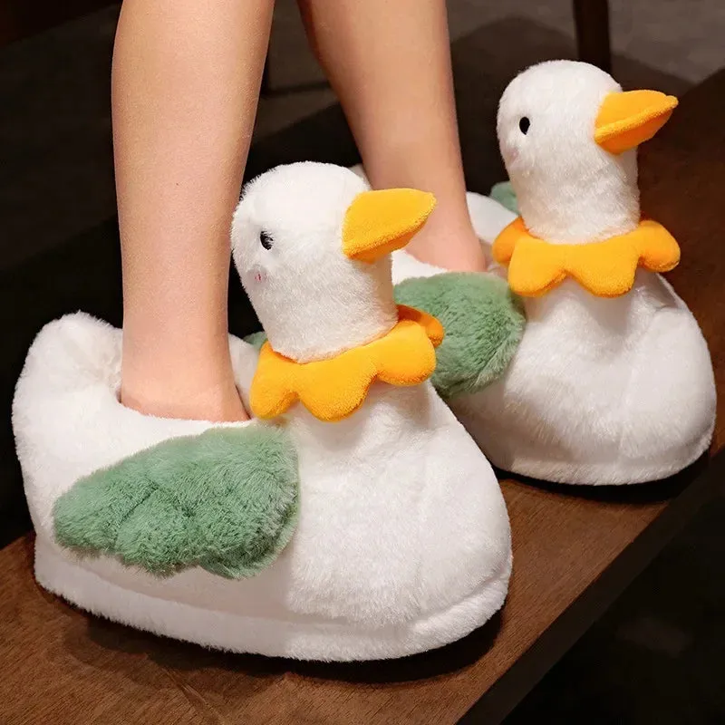 Sohiwoo Cute Cartoon Duck Fluffy Slippers For Woman Winter Warm Shoes Soft Plush Funny Flower Girls Indoor Home Floor Slipper