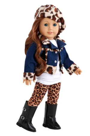 Trendy Jewel - Clothes for 18 inch Doll - 5 Piece Outfit - Jeans Jacket, White Tunic, Leggings, Beret and Black Boots