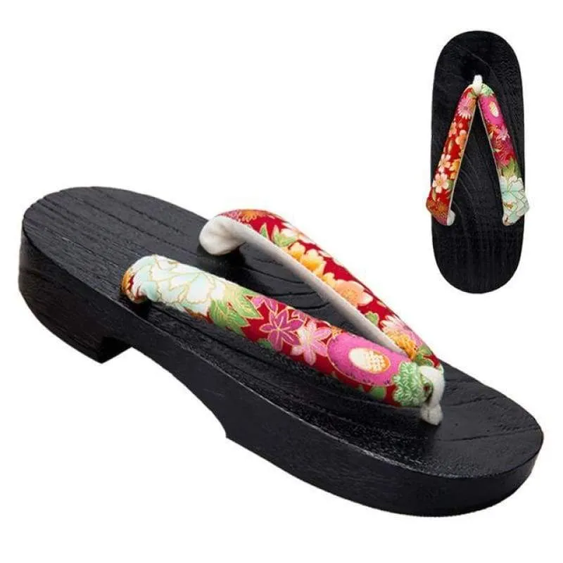 Women Flat Heel Geta Wooden Sandals [Multicolor Sakura]