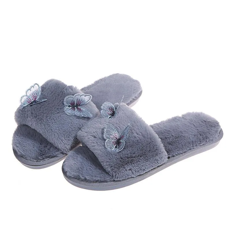 Women's butterfly warm plush slippers winter indoor shoes