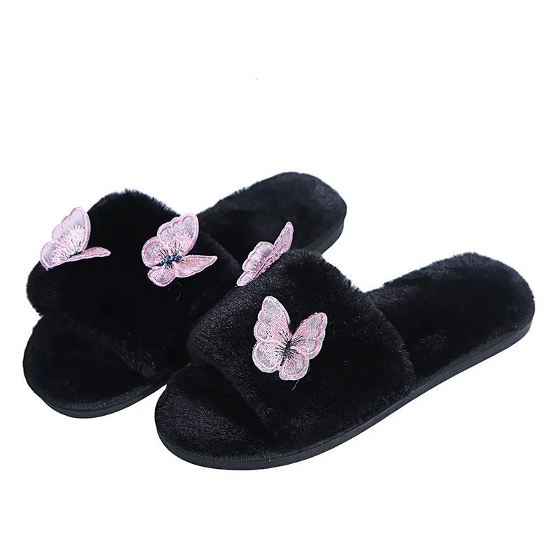 Women's butterfly warm plush slippers winter indoor shoes