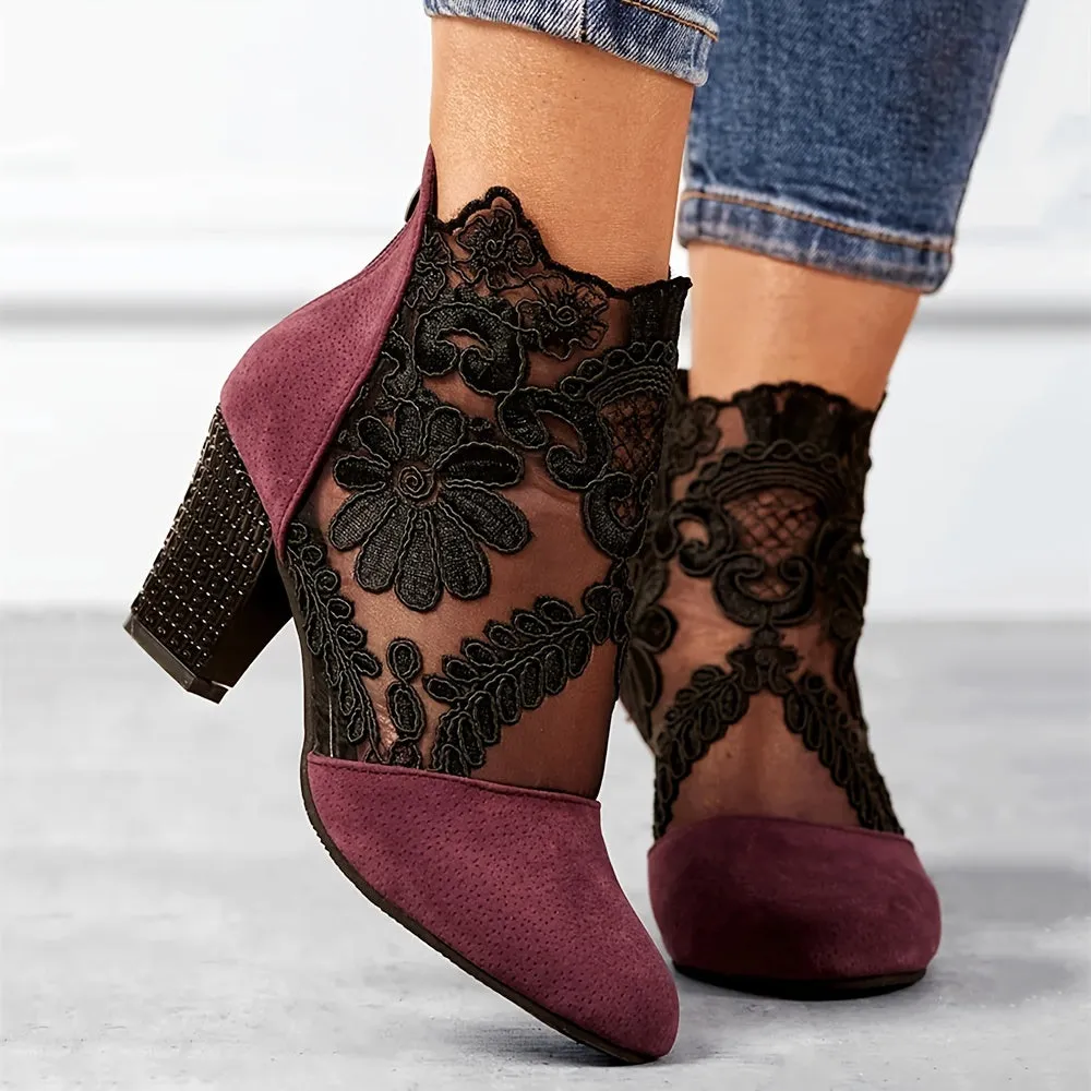 Women's Floral Lace Ankle Boots, Fashionable Pointed Toe Chunky Heeled Boots, Versatile High Heeled Boots