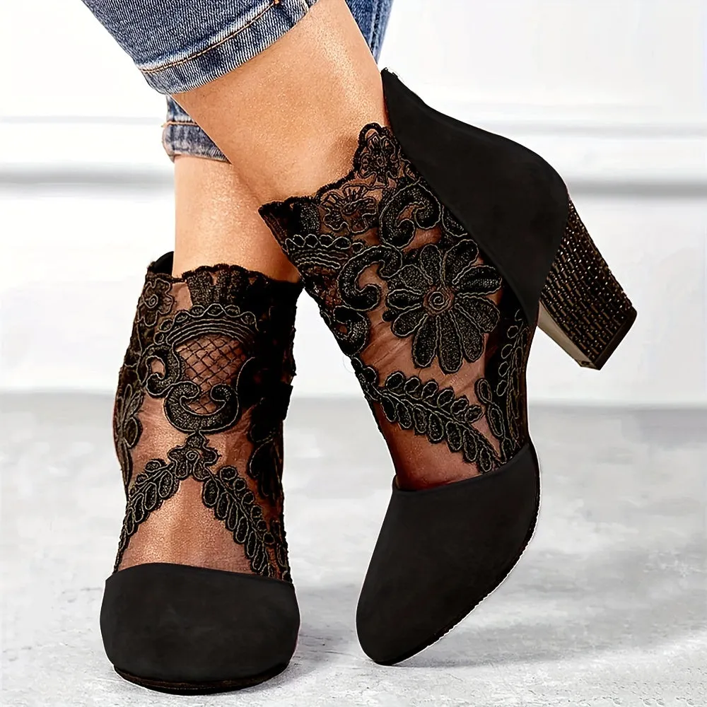 Women's Floral Lace Ankle Boots, Fashionable Pointed Toe Chunky Heeled Boots, Versatile High Heeled Boots