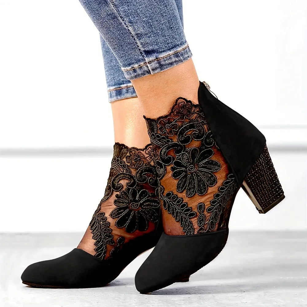 Women's Floral Lace Ankle Boots, Fashionable Pointed Toe Chunky Heeled Boots, Versatile High Heeled Boots