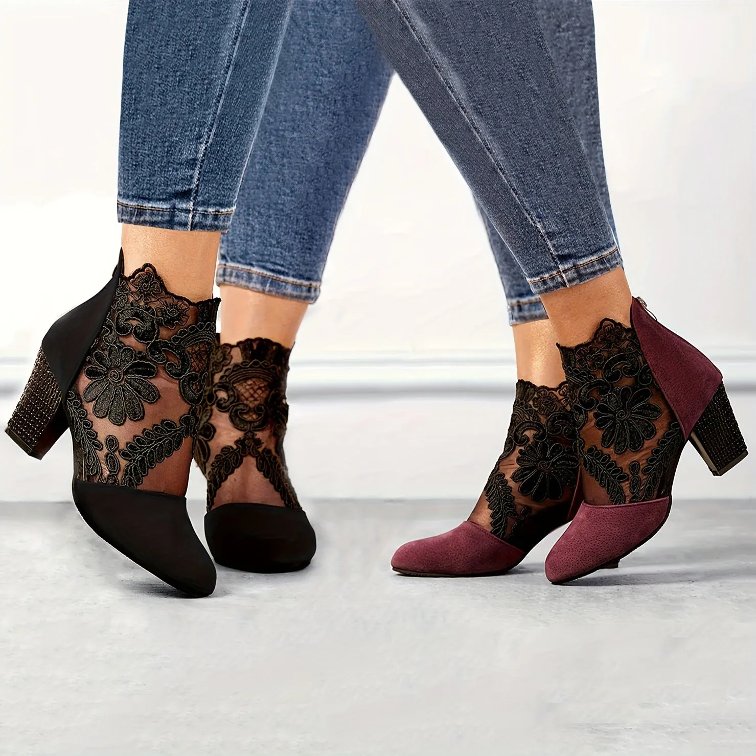 Women's Floral Lace Ankle Boots, Fashionable Pointed Toe Chunky Heeled Boots, Versatile High Heeled Boots