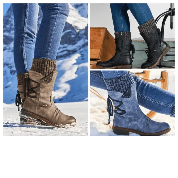 Women's Winter Warm Back Mid-Calf Lace Up Leather Waterproof Snow Boots, 6 Colors