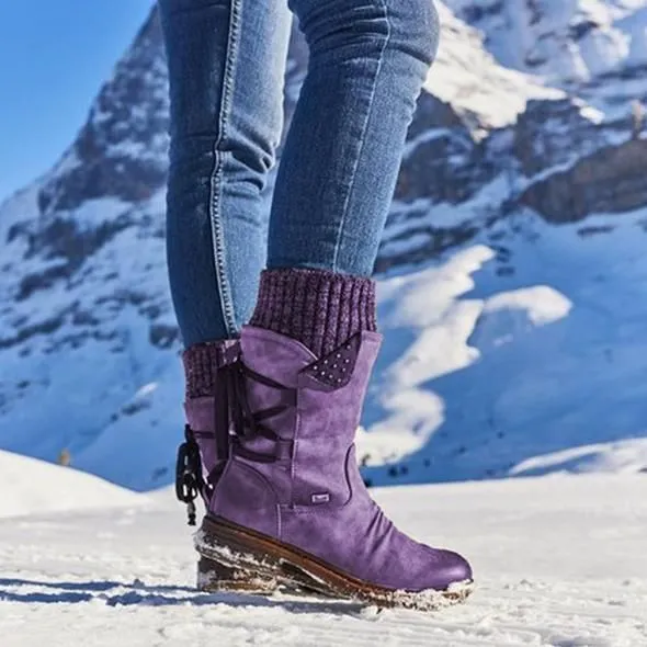 Women's Winter Warm Back Mid-Calf Lace Up Leather Waterproof Snow Boots, 6 Colors