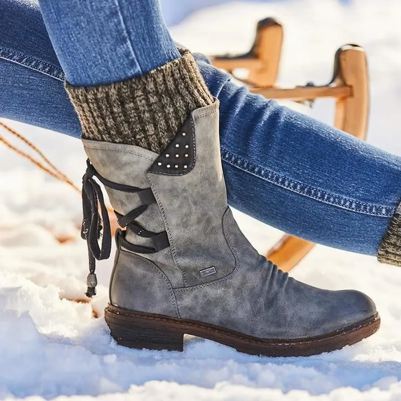 Women's Winter Warm Back Mid-Calf Lace Up Leather Waterproof Snow Boots, 6 Colors