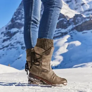 Women's Winter Warm Back Mid-Calf Lace Up Leather Waterproof Snow Boots, 6 Colors