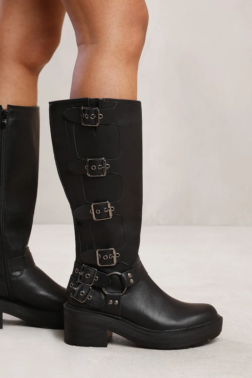 ZAYLA BELOW KNEE BOOT WITH MULTIPLE BUCKLE DETAIL IN BLACK FAUX LEATHER